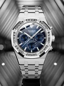 Namkin Men's Mechanical Watch, Light Luxury Style, Blue Dial with Diamonds, Time Function, Day Date Display, Business & Daily Wear
