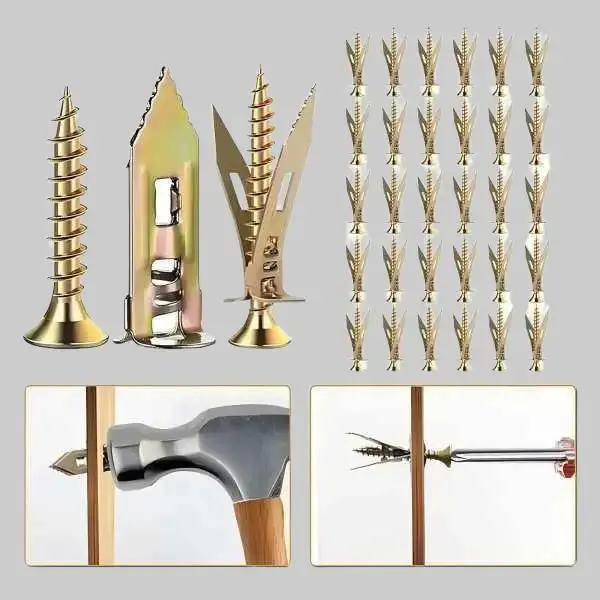 MBPUOLK-TOYA 120PCS Self-Drilling Drywall Anchors Kit with Adjustable Hooks & Bracket, No Drill Needed for Easy Hanging in Home & Office, Includes 120 Anchors & 120 Screws for Quick Installation
