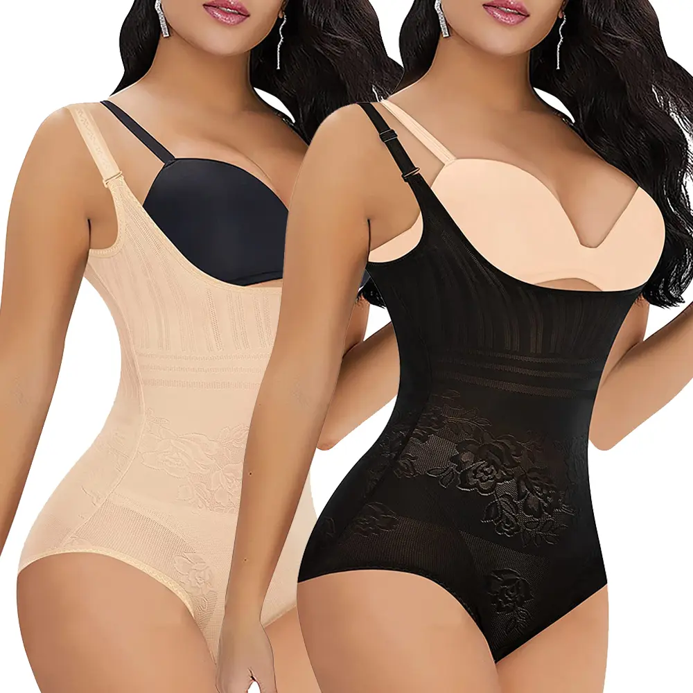 Women's High Waist Tummy Control Shapewear Bodysuit - Adjustable Straps, Compression, Floral, Body Contouring, Hook & Eye, U Neck, Cheeky, RFID, Cute, Size S