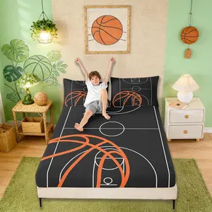 Basketball Court Print Fitted Sheet,Ball Sports Games Themed Bed Cover All-Round Elastic Deep Pocket for Kids,Orange and Hoop Soft Microfiber Sheet