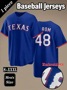 Men's #48 blue baseball jersey,Texas letter embroidery design, daily casual short sleeved V-neck comfortable breathable baseball shirt button up cardigan suitable for outdoor sports and games, street fashion hip-hop outfit for both men and women