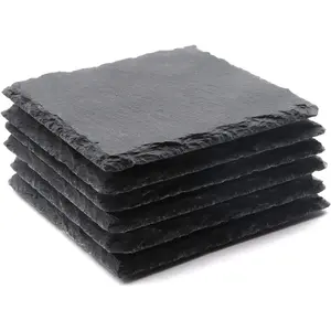 6 Pack Square Slate Drink Coasters, 4 Inch Black Slate Stone Coasters Bulk Cup Coaster Laser Engraving Blanks with Anti-Scratch Bottom for Drink Coffee Bar Kitchen Home Decor
