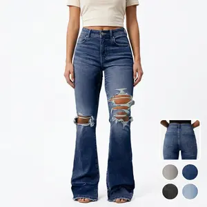 Women’s Basic Vintage Blue Denim Mid-Waist Flared Ripped Trousers Stretchy Slim-Fit Bottoms with Frayed Ripped Hem and Pocket Womenswear purple jeans jeans for women black jeans pantalones jeans mujer lucky brand jeans