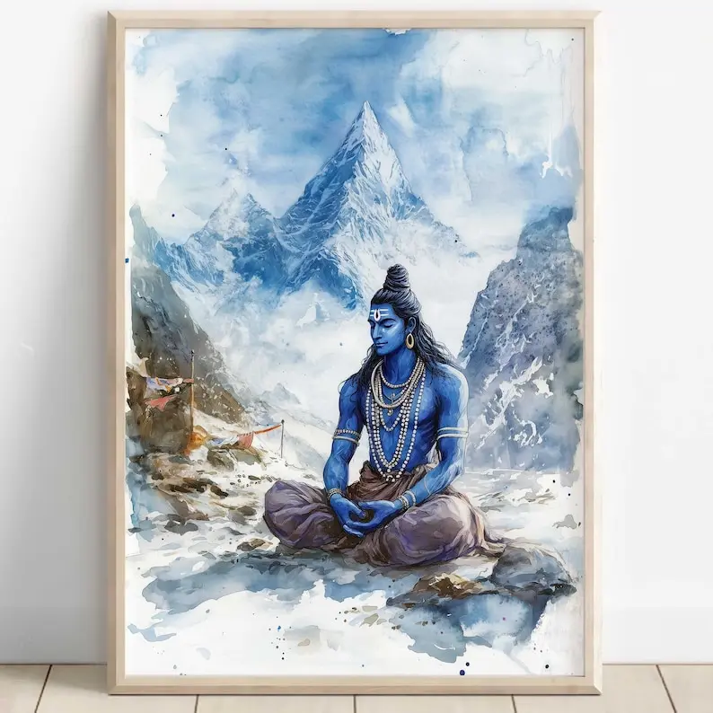 Shiva Meditating at Mount Kailash, God Shiva, Shiv Meditating, Shiv Art, Shiva Wall Art, Shiv Painting, Mahadev, Digital Print of Shiva Unframed Canvas Poster 24X36 inch Decor Room Colorful Gifts Ornaments Decoration