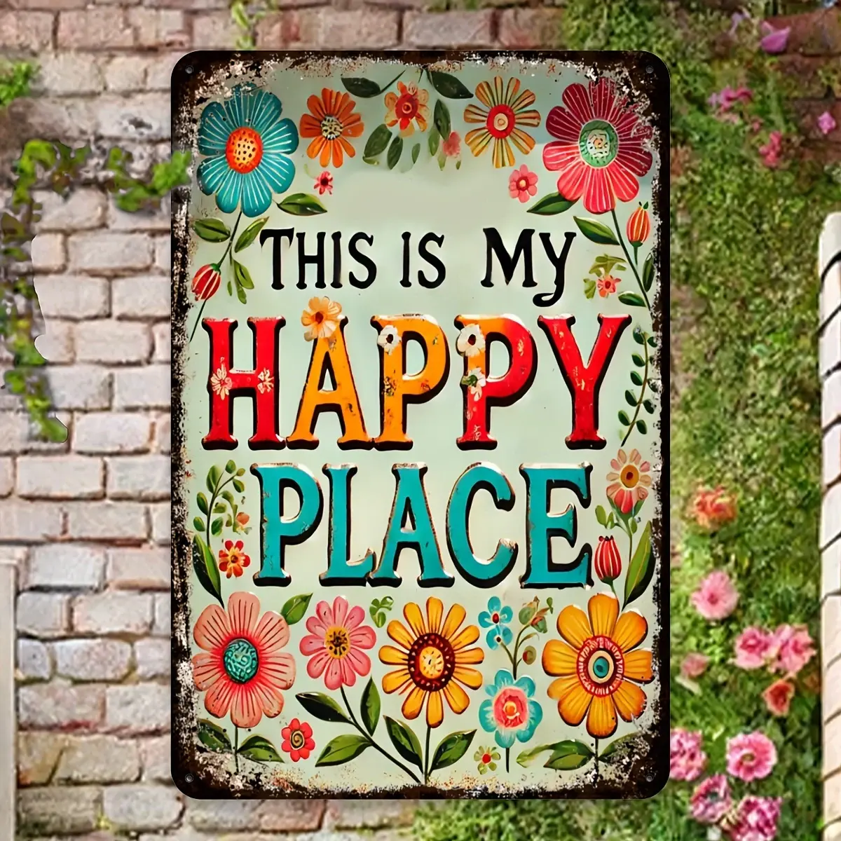 Happy Place Welcome Sign, Rustic Floral Garden Decor, Home Decor, Durable Metal Yard Sign