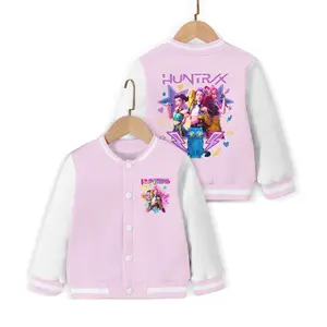 Young Girl's/Boy's KPOP Demon Hunters Y2K Graphic Baseball Jacket with Cartoon Design Fitted Activewear  HUNTR/X Rumi&Zoey&Mira for Fall & Winter Trendy School Uniform for Halloween Teen Titans Jackets Christmas Sweatshirt Black Pink