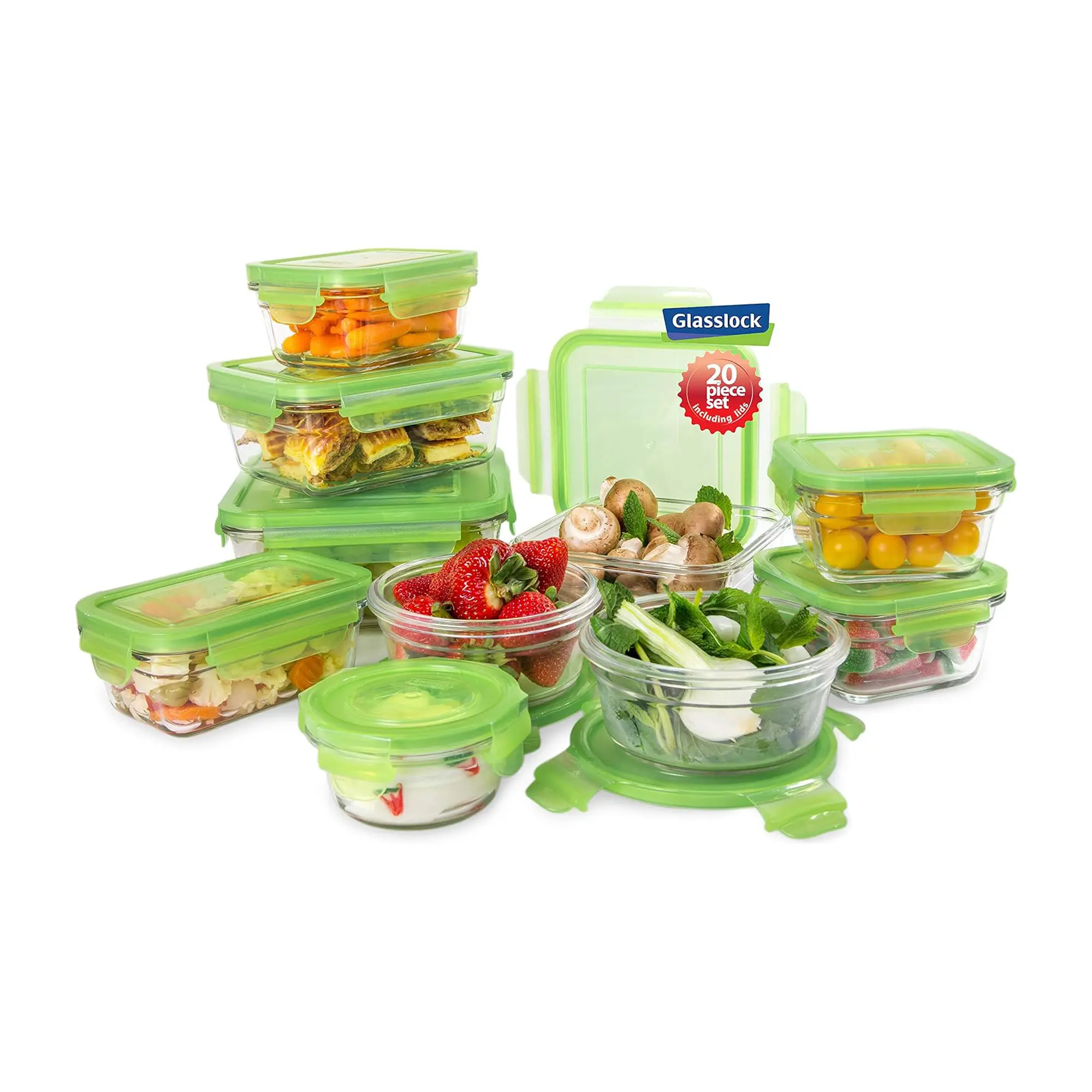 Glasslock 20-Piece Glass Food Storage Set - Green Eco-Friendly BPA-Free Oven Safe Containers with Snap-Lock Lids for Meal Prep & Organization