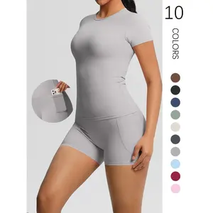 Women’s Nylon Yoga Set, High-Elastic, Breathable, Quick-Dry Short-Sleeve Top & Long Pants, Gym Fitness Outdoor Running Clothes, Workout Running Clothes