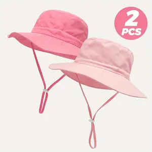 2pcs Kids' Breathable Bucket Hats for Spring/Summer - Adjustable Drawstring, UV Protection, Beach & Holiday Essentials, Fits 236.22inch-8Y, White with Pink Accents, Beach Accessories |   Drawstring Cap |   Breathable Material, Kids Hat