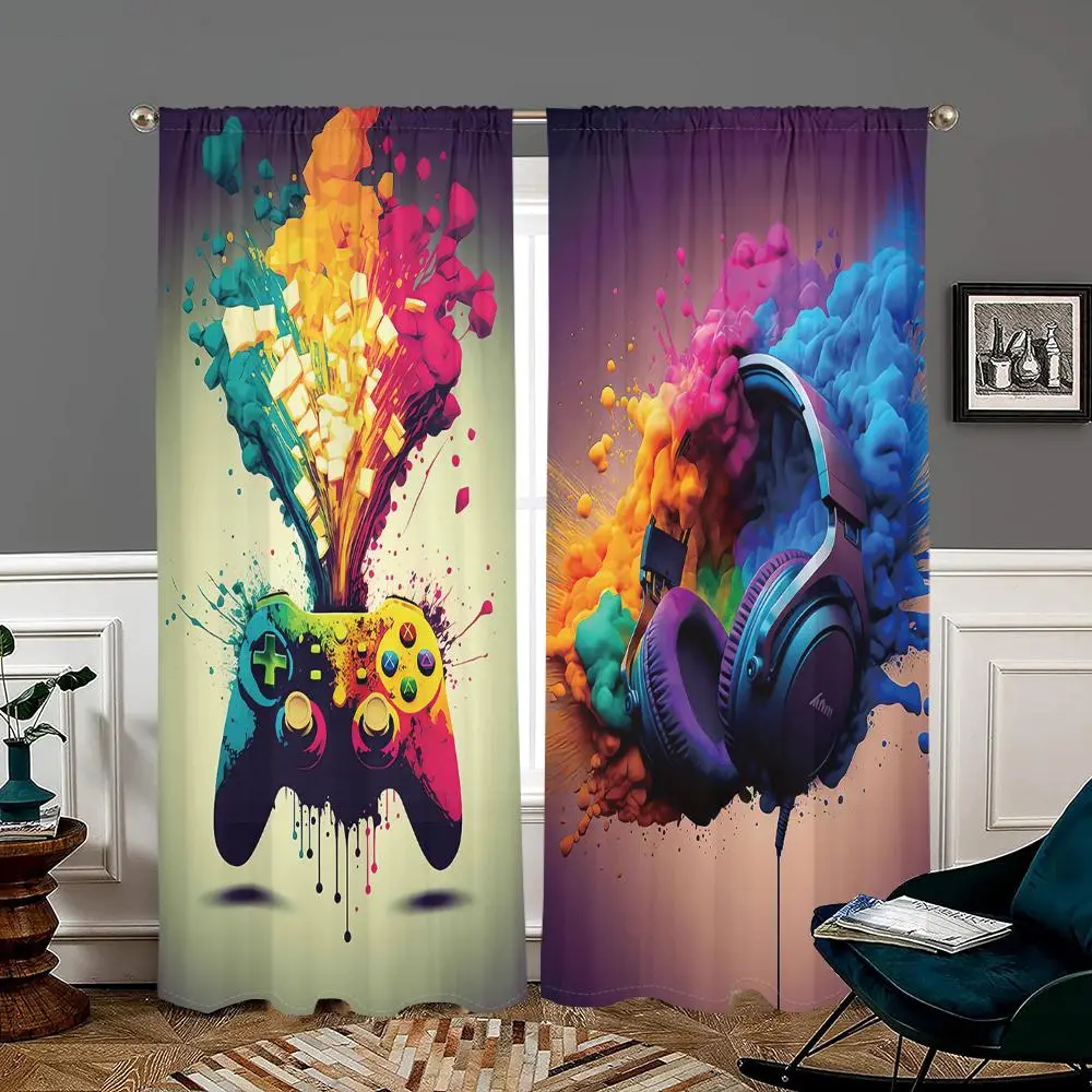 Game Controller & Headphone Pattern Window Curtain, 2 Counts/set Colorful Game Controller & Headphone Printed Curtain, Home Decor for Bedroom, Living Room, Kitchen, Bathroom, Game Room, Home Decorative Curtain, Home Decoration Curtain