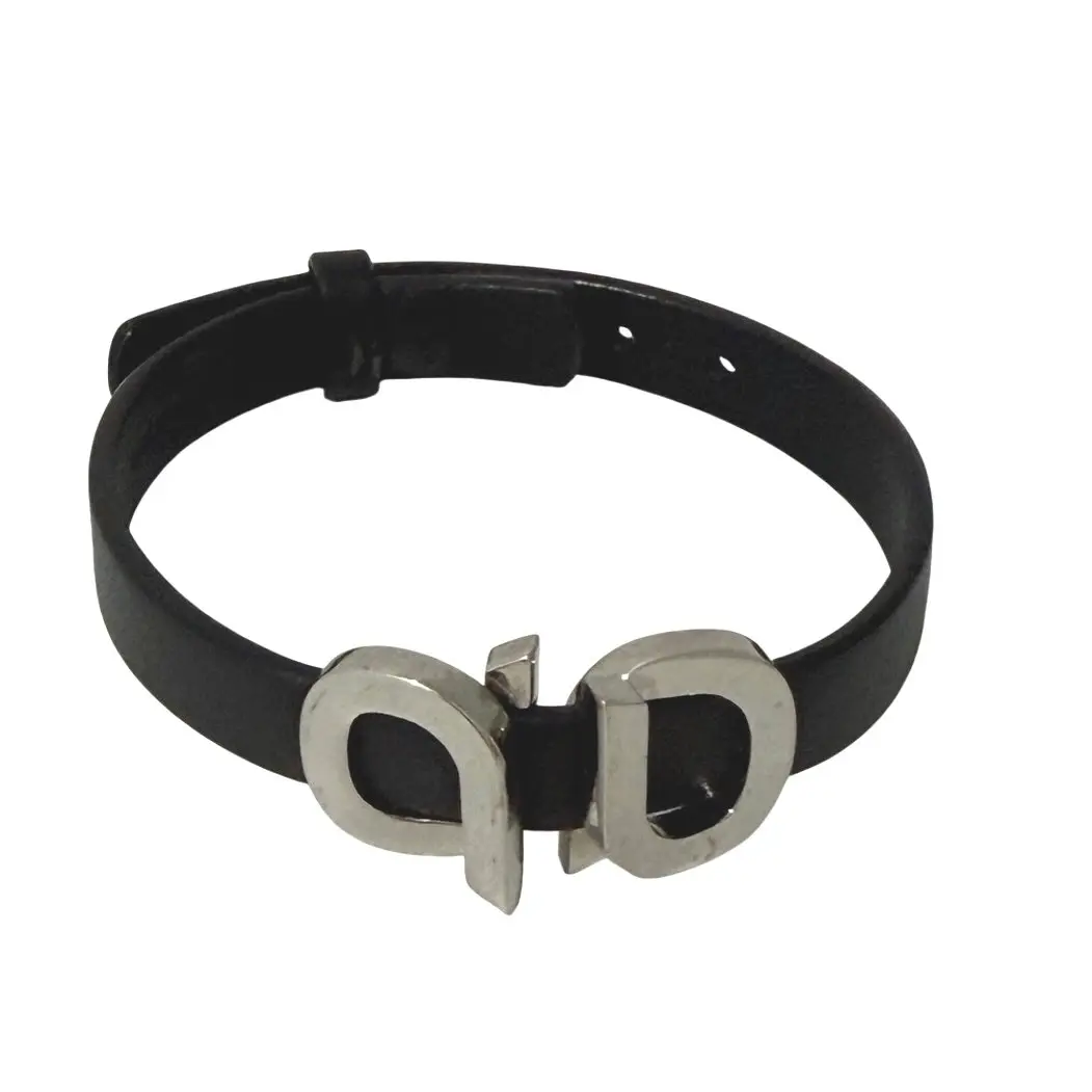 Pre-owned Ferragamo Gancini Accent Unisex Vintage Brass & Calfskin Leather Bracelet, Black, Size 7 7.8