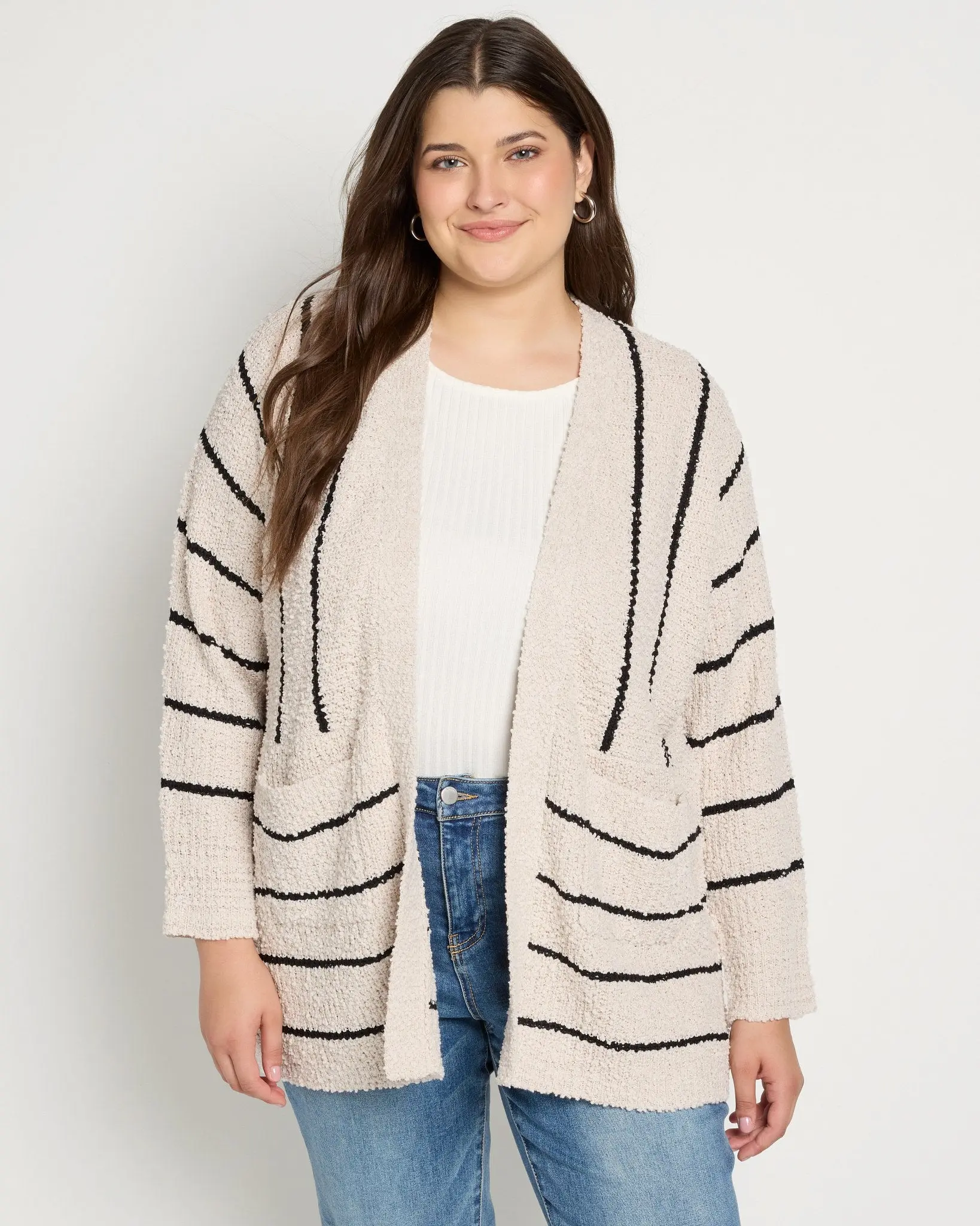 Women's Plus Size Open-Front Striped Chenille Eyelash Textured Knitwear Cardigan, Casual Long-Sleeve Loose-Fitting Tops with Pockets for Lazy Outfits