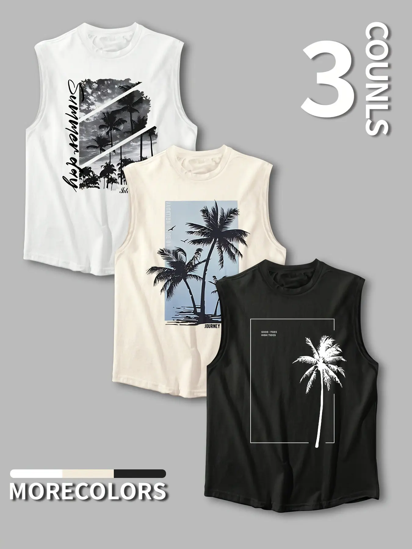 Men's Plus Size Casual Tropical Graphic Print Sleeveless Tank Top 3-Piece Set, Ideal for Daily Wear, Vacation, Travel, Beach