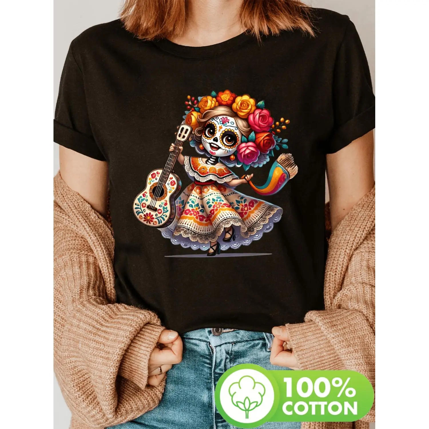 Vibrant Day Of The Dead Mexican Girl Dancing And Playing Guitar T Shirt For Women Short Sleeve Crew Neck Casual Top Ideal For Spring And Summer