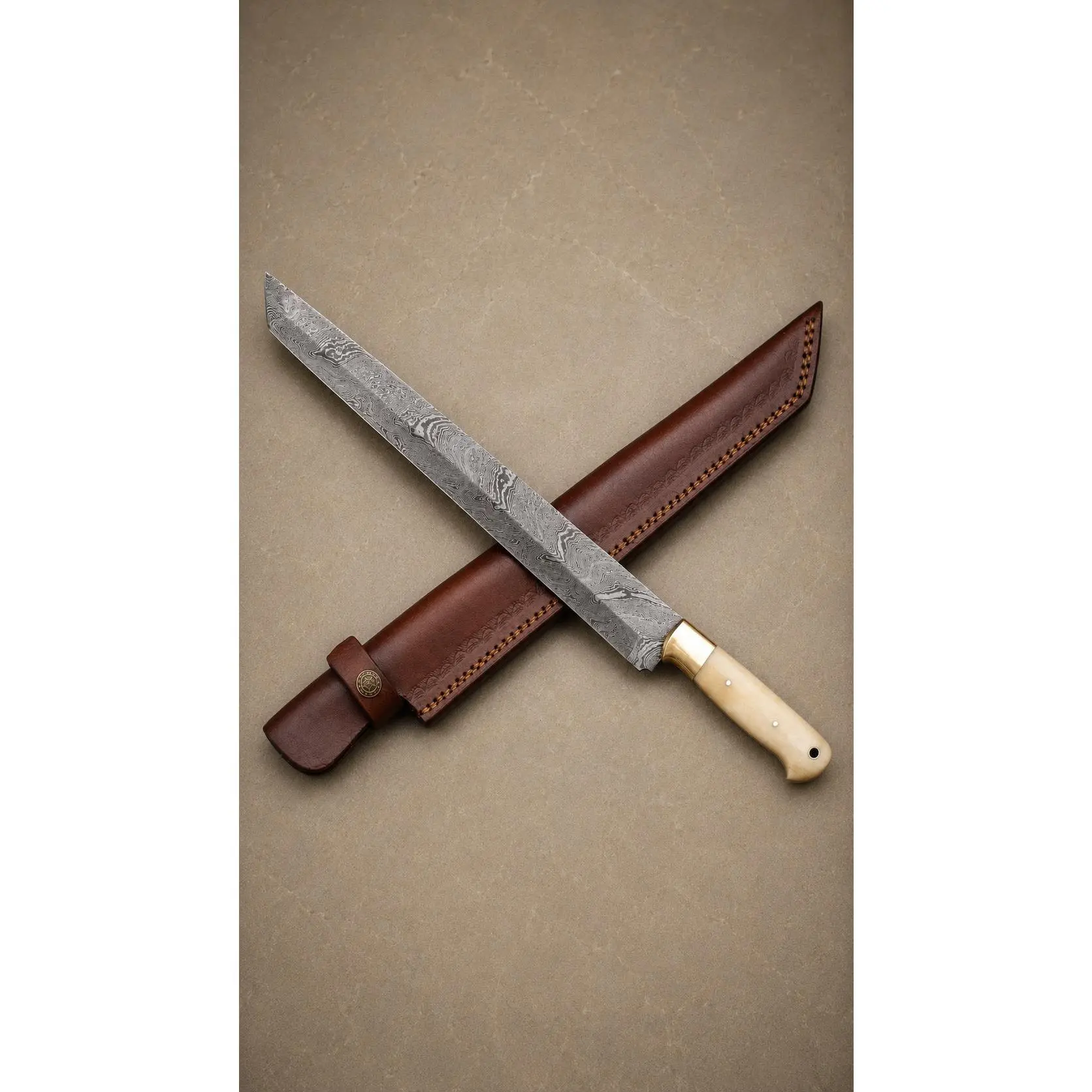 Copper Ridge Damascus Kitchen Knife – 10-Inch Artisan Blade with Camel Bone Handle