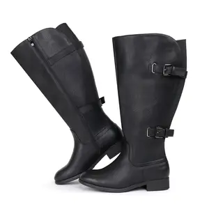 Women's Classic Extra Wide Calf Flat Heel Double Buckle Back Stretch Knee High Boots