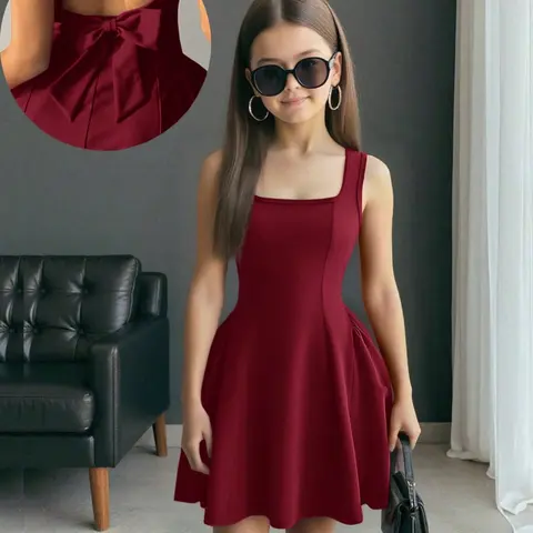 Girls' Bow Backless Sleeveless A-Line Birthday Party Dress, Elegant Knee-Length Slim-Fit Casual Dress, Plain Pattern for Festive Occasions