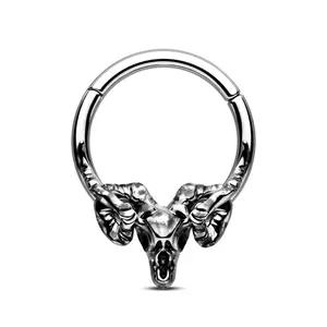 Oufer 16G Goat Skull Head Hinged Septum Ring - Unique Animal Design Body Jewelry for Piercing