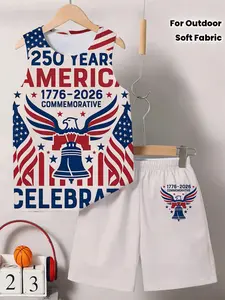 Usa Independence Day Memorial Sports Set, Unisex Kids Breathable Sleeveless Tank Top and Shorts, 250th Anniversary Print Casual Two-Piece Set