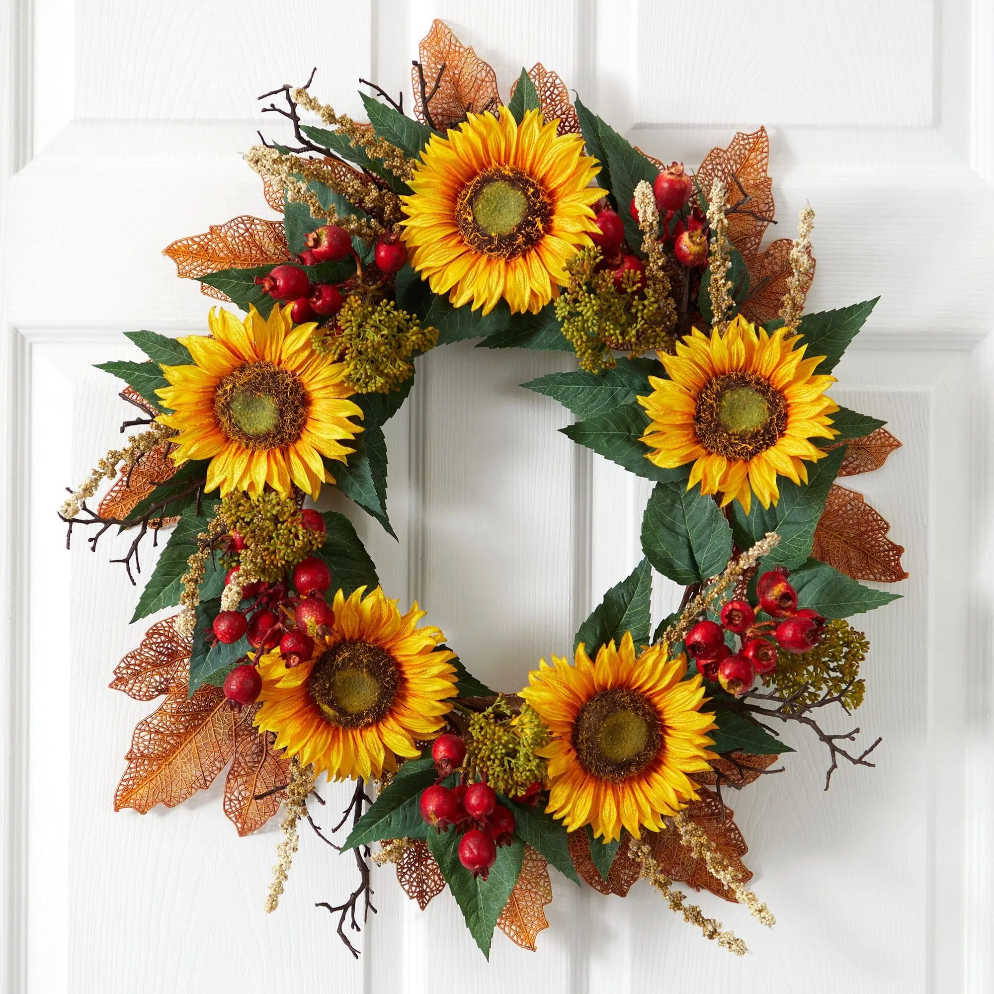 27-in Round Synthetic Sunflower-Berry Wreath, Brightening Cheerful Home Festive Wall Ornament, Indoor Room Decoration, Console Table, 27 Inches