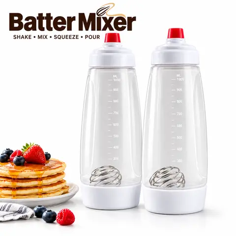 ONESHOW HOME Smooth Kitchen Pancake Batter Dispenser & Mixer Bottle with Stainless Steel Mixing Ball, Wide-Mouth Reusable Squeeze Bottle for Pancakes, Waffles, Bakery Supplies & Baking Tools
