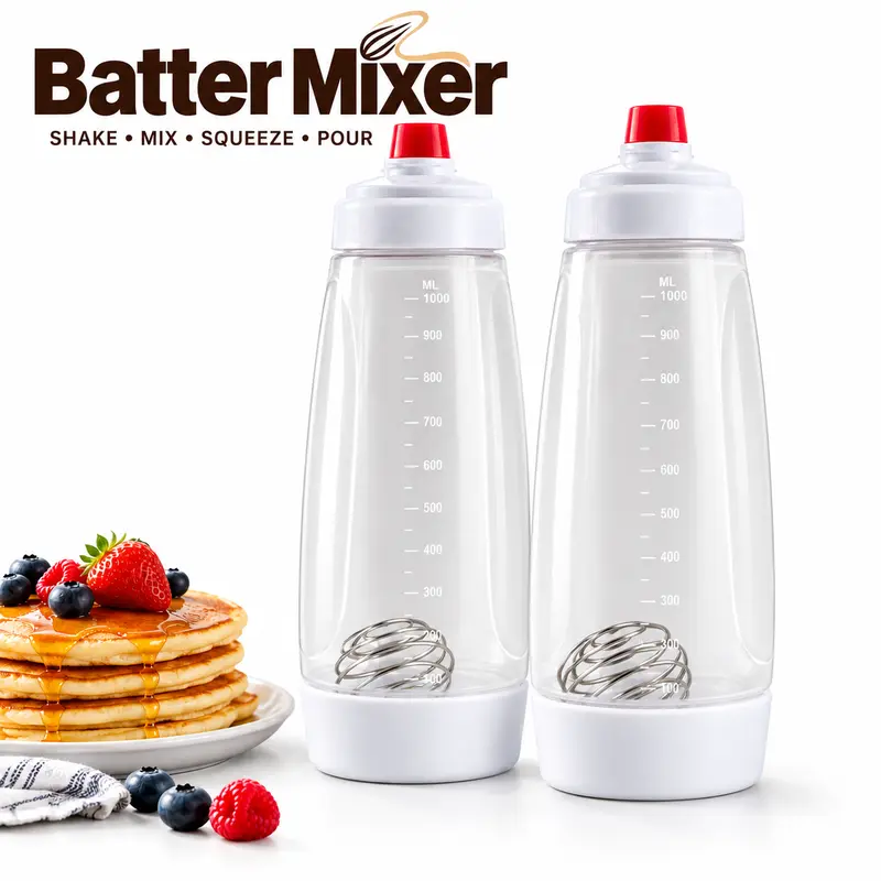 ONESHOW HOME Smooth Kitchen Pancake Batter Dispenser & Mixer Bottle with Stainless Steel Mixing Ball, Wide-Mouth Reusable Squeeze Bottle for Pancakes, Waffles, Bakery Supplies & Baking Tools