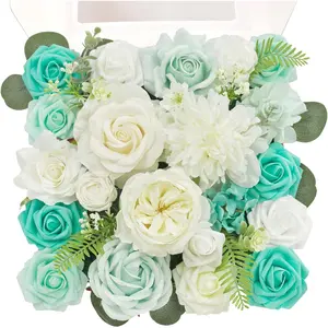 TINGE TIME Artificial Flowers Combo Mix Silk Flowers Teal Green Roses w/stem for DIY Wedding Bridal Bouquets Baby Shower Floral Arrangement Table Centerpieces Home Decorations (White &amp; Teal Green) Box Decorative