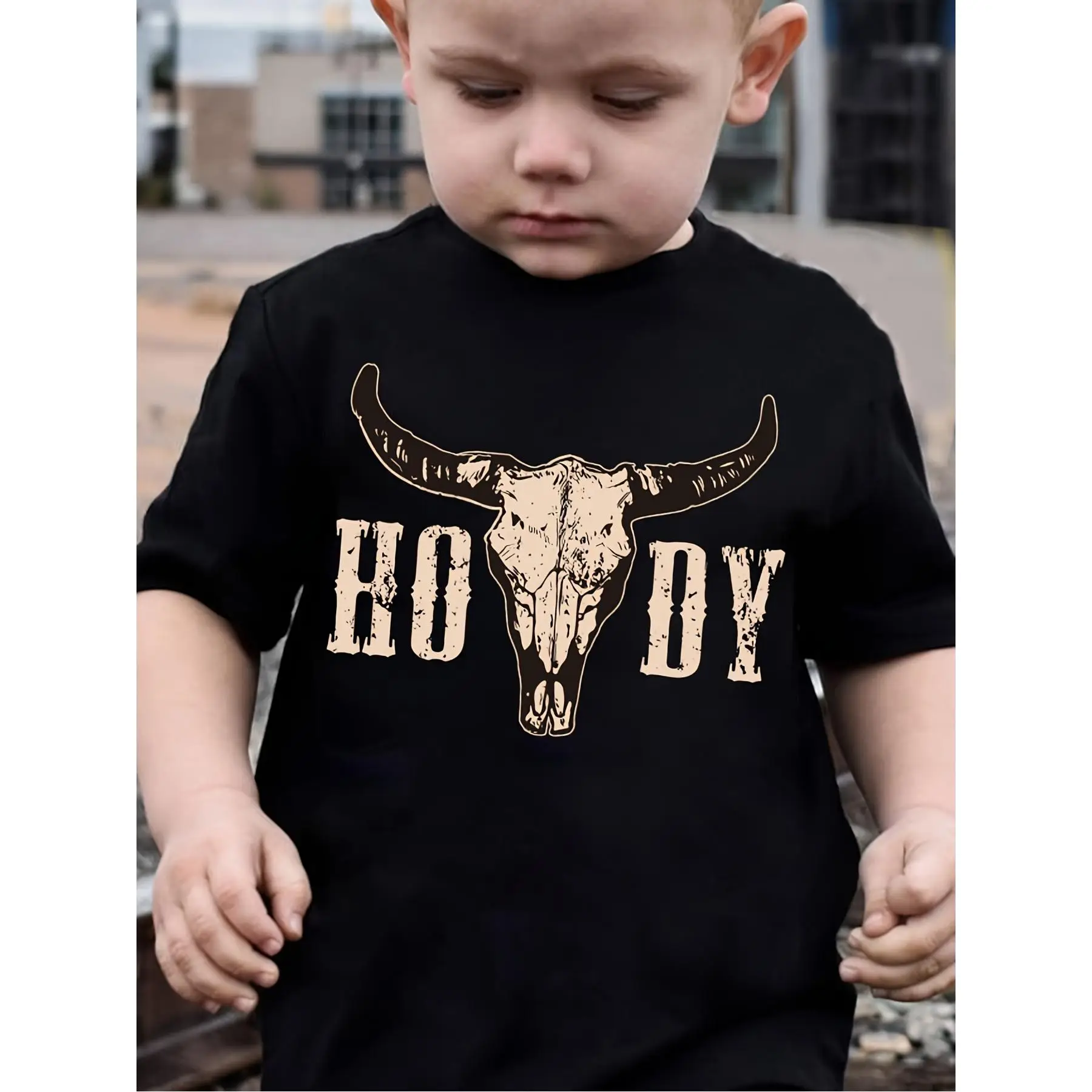 Boys' "The Real Men HODY" Graphic Tee - 100% Cotton, Cute Short-Sleeved Casual Top with Bull Skull Print, Machine Washable for All Seasons