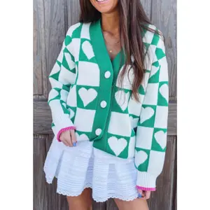Kelly Green Checkered Heart Button Down Sweater