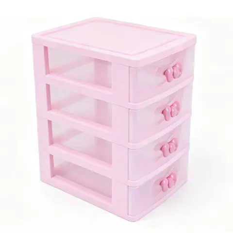 Lovely Pink Cosmetics Storage Box, 4-Layer Smooth Lightweight Plastic Desktop Organizer with Cute Bow Handle & Compartment Containers, Women's Home Bedroom Gift (Clear) - Home Improvement