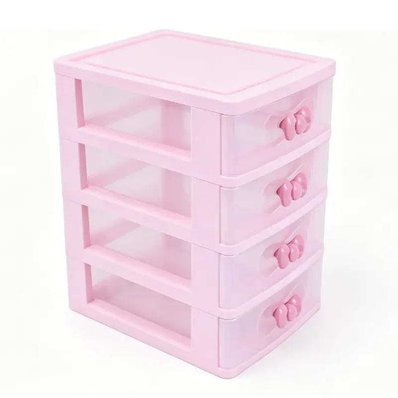 Lovely Pink Cosmetics Storage Box, 4-Layer Smooth Lightweight Plastic Desktop Organizer with Cute Bow Handle & Compartment Containers, Women's Home Bedroom Gift (Clear) - Home Improvement
