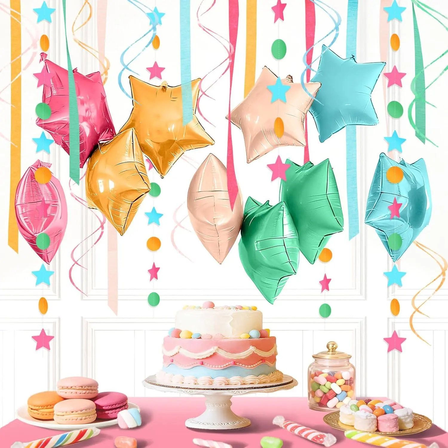 27Pcs Rainbow Party Balloons Kit For Birthday,Candyland Baby Shower | With Colorful Star Foil Balloons,Crepe Paper Streamers,Garland,Swirls,For Spring Summer Garden Party