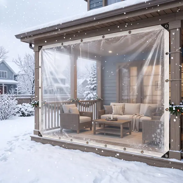 Heavy-duty transparent waterproof fabric, 10x13ft, with thickened edges and reinforced seams for rain and snow protection, suitable for use as a snow cover for patios and terraces.