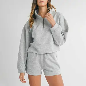 Light Grey Stand Neck Zipped Sweatshirt and Shorts Set