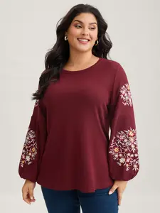 【Summer Turn-Up】【Essential】BlOOMCHIC Plus Size Women's Burgundy Floral Embroidered Lantern Sleeve Blouse - Regular Fit, Round Neck, Polyester-Spandex Fabric, Casual-Workwear Womenswear [M-6X] 2026 Summer Pick for Mother's Day