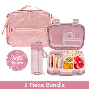 Bentgo Kids Glitter Lunch Set - 3-Piece Bundle with Glitter Finish, Lightweight Design, Includes Lunch Box, Water Bottle & Lunch Bag