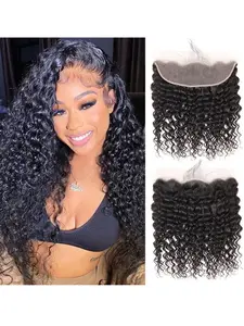 Transparent Lace Frontal Closure Deep Wave 13x4 Ear to Ear Lace Frontal Natural Black Brazilian Deep Curly Virgin Human Hair Closure Pre Plucked with Baby Hair 180% Density