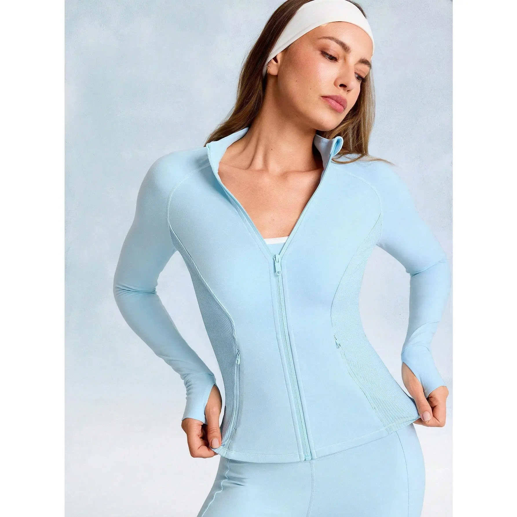 GLOWMODE FeatherFit Arctic Flow Buttery-Soft Stretchy Ribbed Side Panels Built-In Thumbholes Slim Fit Zip-Up Jacket Low Impact Yoga Studio Daily Casual Wear
