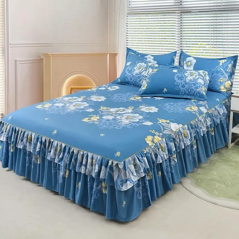Floral Print Ruffled Edge Bed Skirt Set, 3 Counts/set Including 1 Bed Skirt & 2 Pillowcases without Filler, Comfy Bedding Set for Home Bedroom