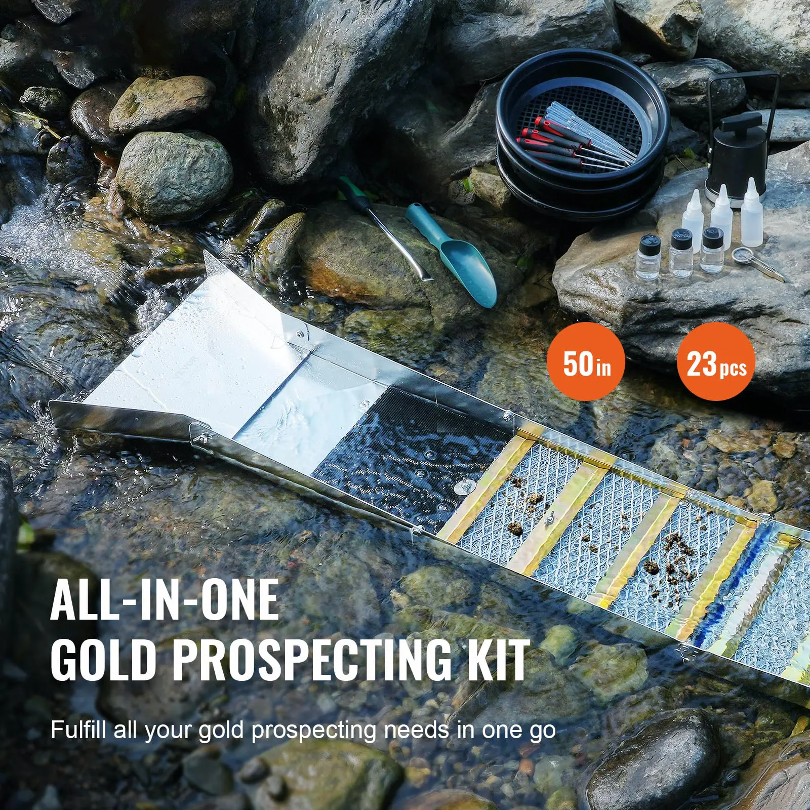 Complete Sluice Box Gold Panning Kit, 50" Folding Aluminum Alloy Gold Mining Equipment, 23 PCS Gold Prospecting Kit with Gold Pan, Classifier Screen, Separating Magnet, Backpack and More