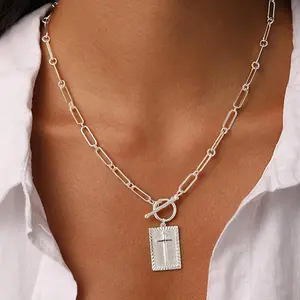 Light Luxury Personalized Silver Thick Chain Cross Necklace Pendant Decorative Clavicle Chain Daily Layering/Cool Stylish Neckwear for Commuting Christmas Eve Ceremony Gift V19