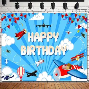 1pc Vibrant Airplane-Themed Happy Birthday Backdrop Colorful Party Planes & Balloons Design | Durable Vinyl | Perfect for Youngsters' Birthday Celebrations, Cake Table & Photo Booth Decor