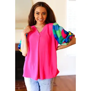 Tell Your Story Fuchsia Geo Print Puff Sleeve V Neck Top