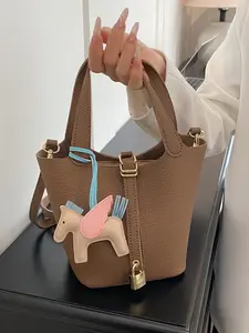 Cute & Trendy Winged Horse Pendant Bucket Bag, Premium Textured Leather Handbag, Fashionable Elegant Mini Tote, Detachable Shoulder Strap, Perfect Gift for Her