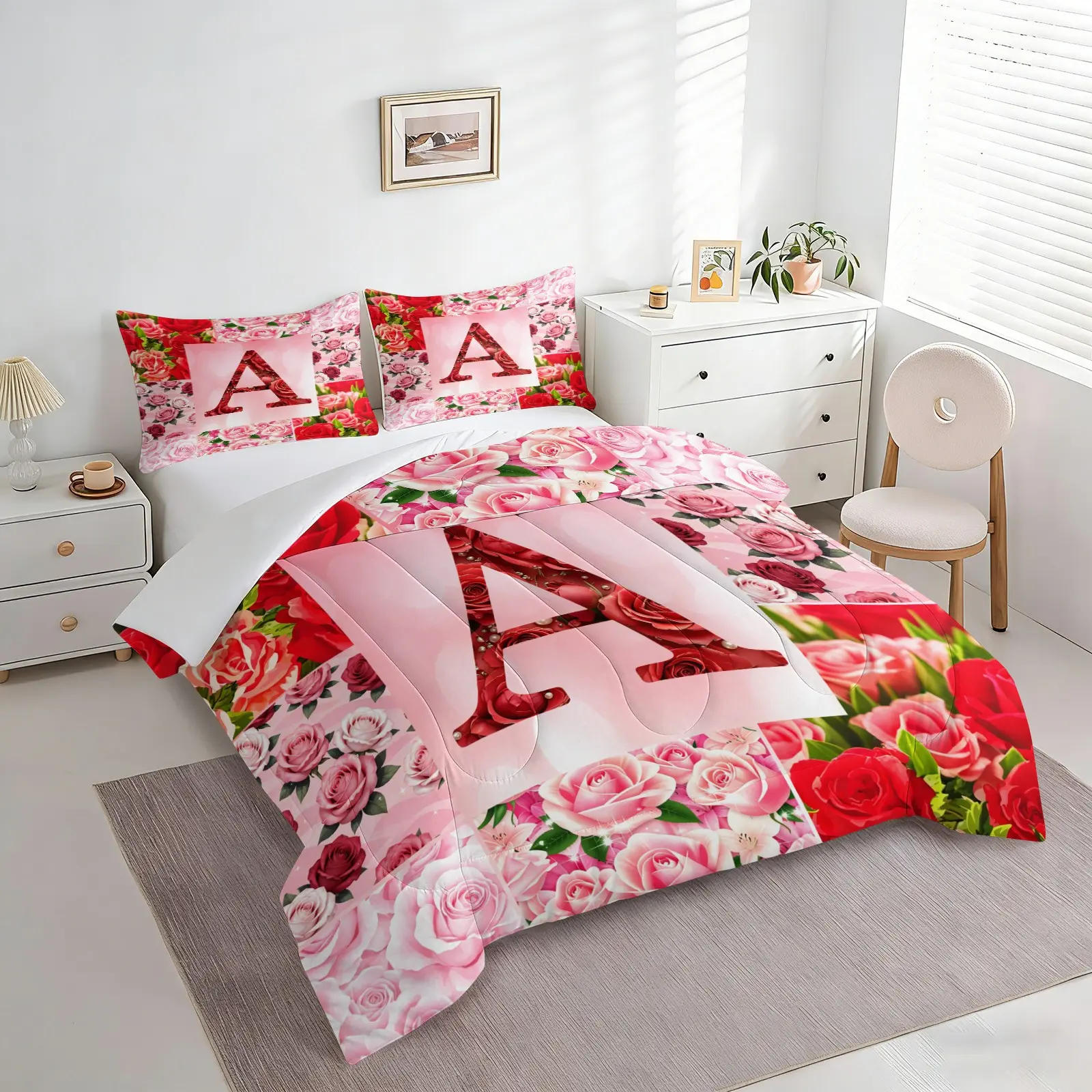2/3Pcs Pink Floral Initial A-Z Rose Comforter Set, Personalized Letter Print Quilt Bedding Set with Pillowcases, Soft Quilt Bed Set for Girls Bedroom, Sweet Romantic Red Flower Aesthetic Home Decor