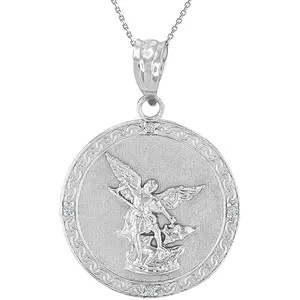 .925 Sterling Silver Saint Michael The Archangel White Cubic Zirconia Accented 1” Medal Pendant Necklace with Rolo Chain and Pendant only