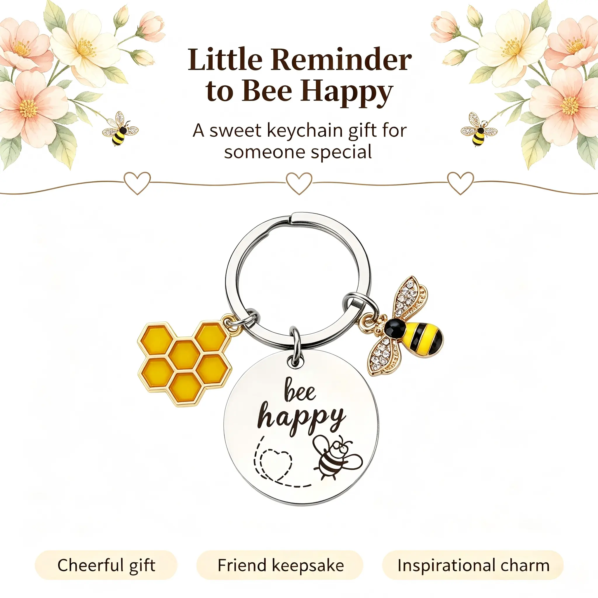 Sparkly Bee & Honeycomb Charm Stainless Steel Keychain - Cute Inspirational Tag, Casual Positivity Gift for Bee Lovers, Women's Fashion Accessory Keychain, Bee And Honeycomb