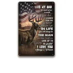 Patriotic "To My Dad" Deer Tin Sign - 12x8 in, American Flag Wall Art, Weatherproof Father’s Day Gift, Rustic Look Home Decor Plaque, Deer Theme Vintage Tin Sign Metal Sign