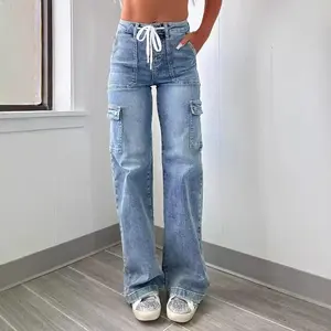 2026 New Style Women's Leisure Straight Leg Jeans With Laces And Multiple Pockets. Casual Fashion Springtop St Patricks Day Cargo Pants