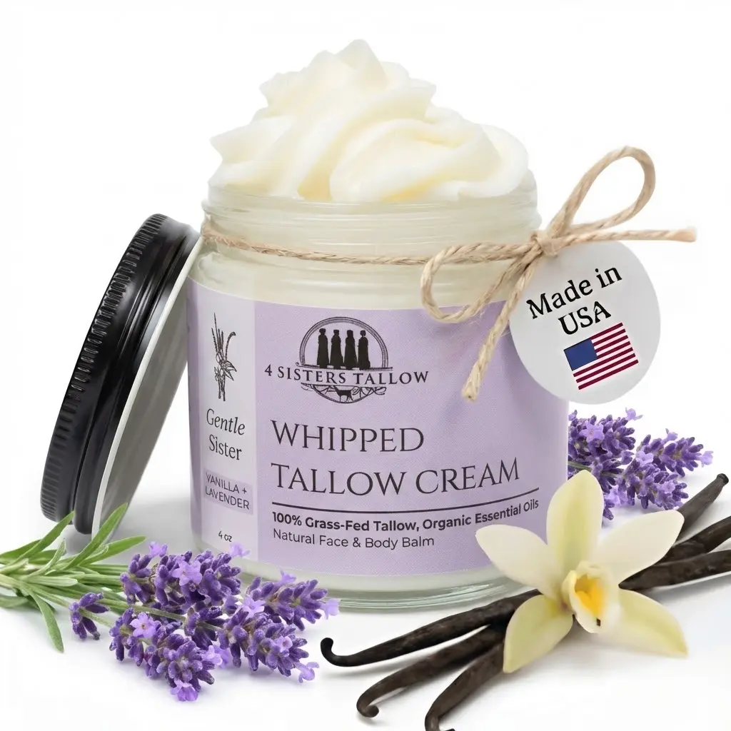 100% Grass Fed Beef Tallow For Skin - Face & Body - All Natural Whipped Moisturizing Lotion Infused With 100% Organic Essential Oils - Gentle Sister (Vanilla Lavender)